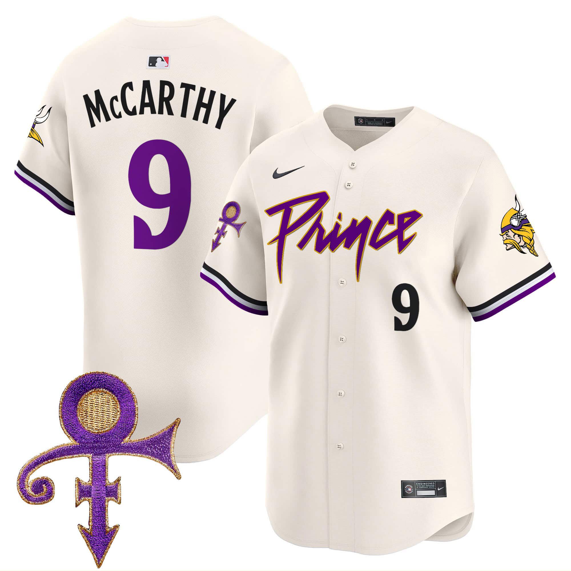 Men Minnesota Vikings #9 Mccarthy Cream 2024 Nike Prince Patch Vapor Premier Limited NFL Jersey